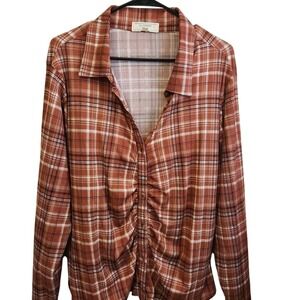 No Comment‎ Plus Plaid Ruched Button Front Shirt Women's 3X Orange White Black